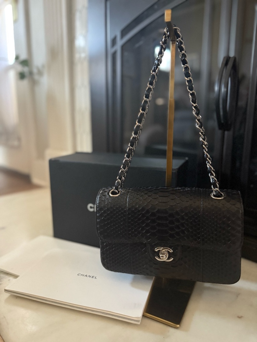 CHANEL Black Quilted Python Flap Shoulder Bag with Silver Hardware